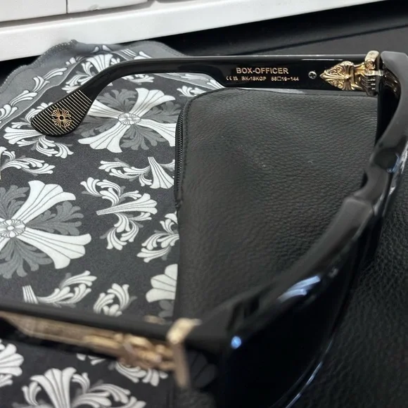 Chrome Hearts “Box-Officer”Sunglasses, Gloss Black with 18k Gold Plated Design